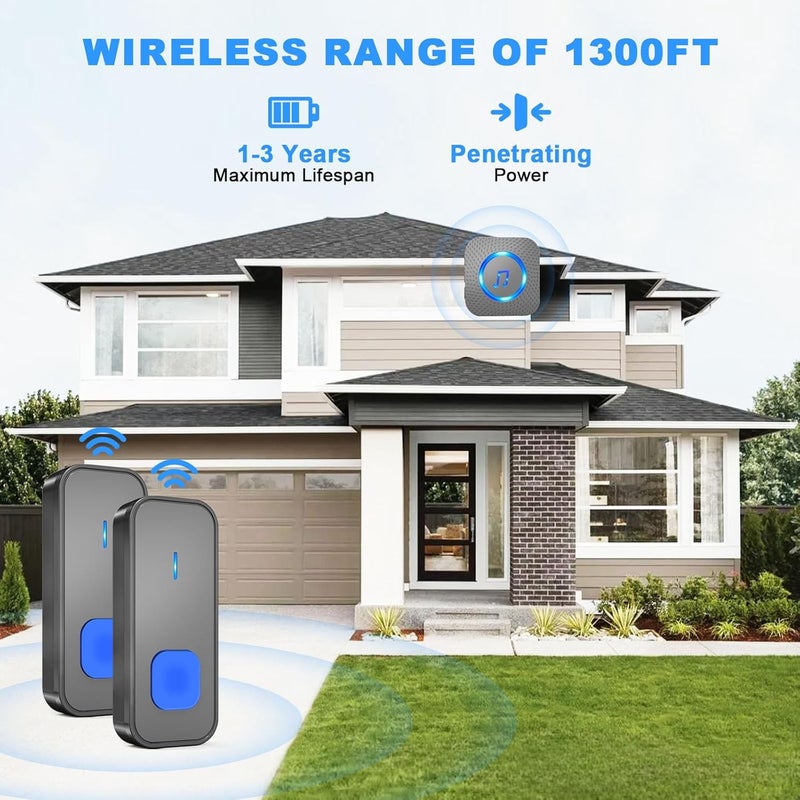 SURFOU Wireless Doorbell, Waterproof, Easy installation -1300ft Range 55 Chimes, 5 Adjustable Volume Levels - LED Flash (2 Buttons+1 Receiver) - Image 4